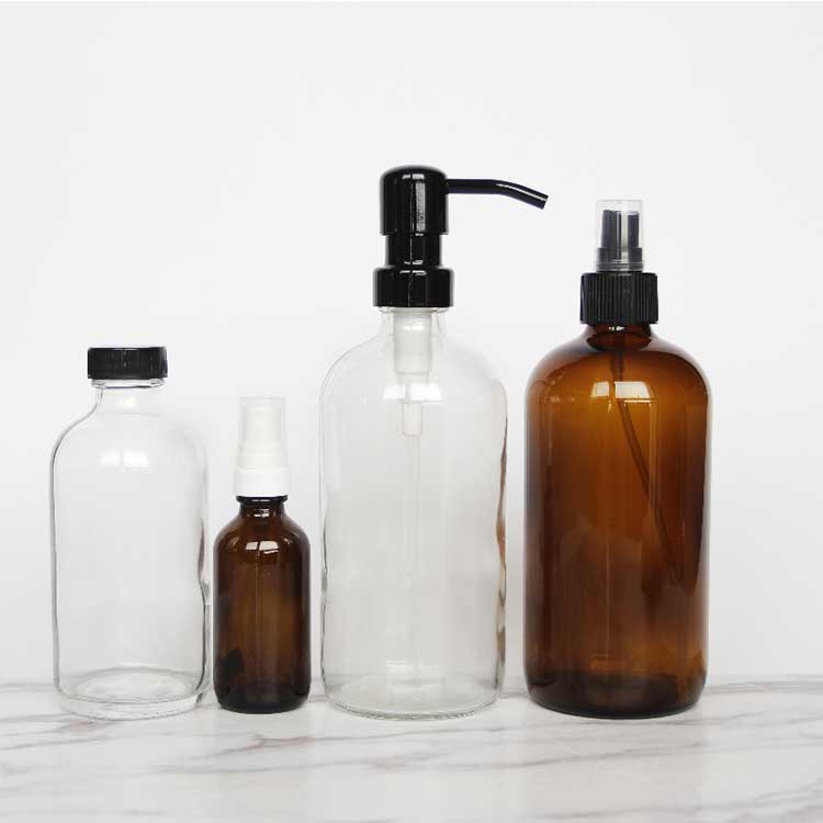 Refillable amber/clear 16oz glass lotion bottles with pump from supplier