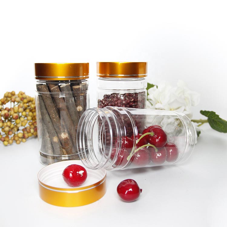 Best sale clear 250ml plastic kitchen storage jars with gold lids wholesale