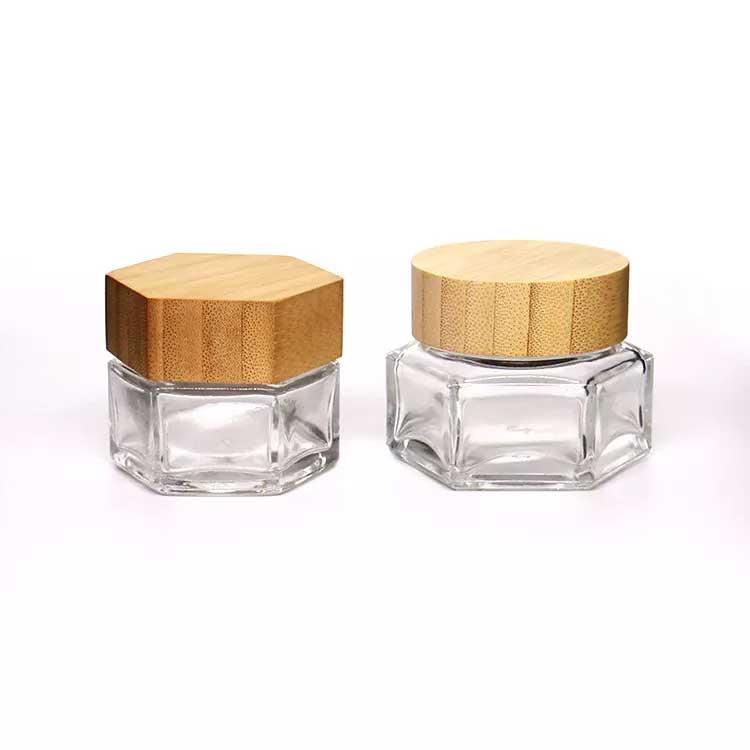 Custom shapes and size clear 30g glass eye cream jars with bamboo lids for toiletry