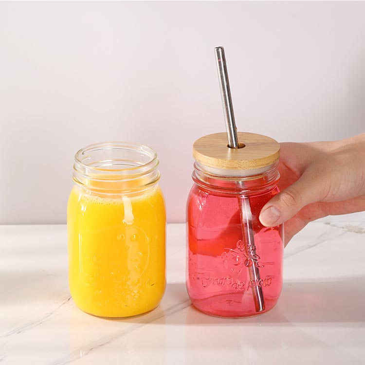 Cylinder 500ml 600ml 750ml glass tumbler bottle with bamboo lid and straw for juice/water/smoothie