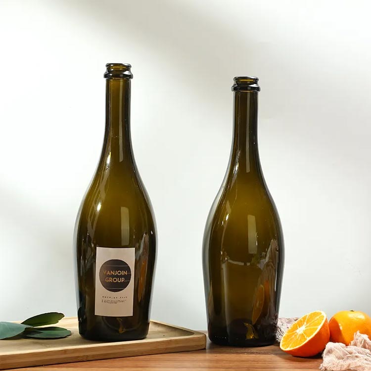 Unique design round 750ml glass dark green wine bottles with cork