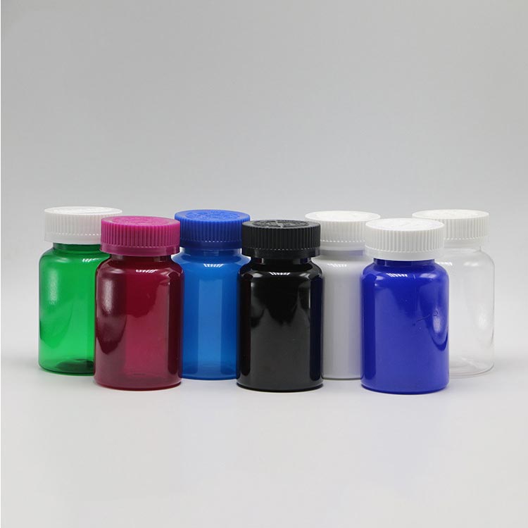 Custom color blue plastic pharmacy bottles with child resistant caps