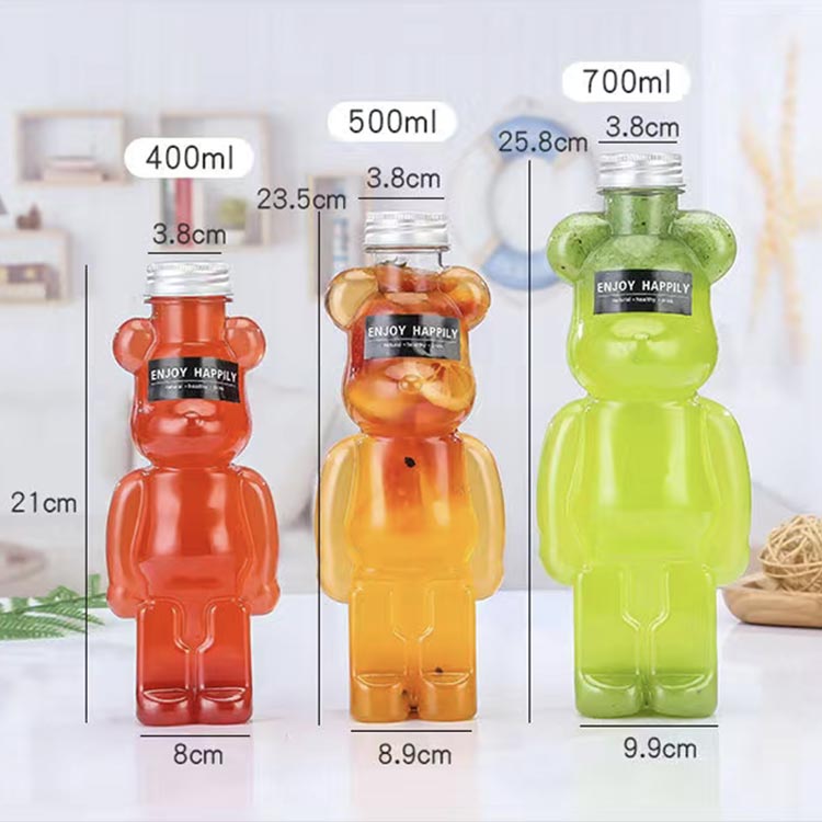 Clear 500ml bear shaped plastic bottle with aluminum lid for juice packaging