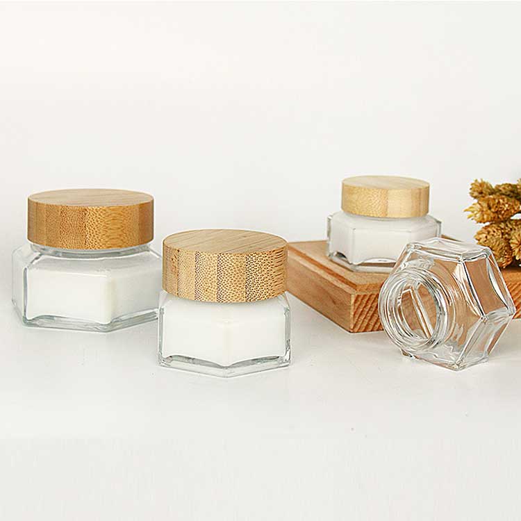 Custom printing clear 50ml hexagon glass face cream jar from china supplier