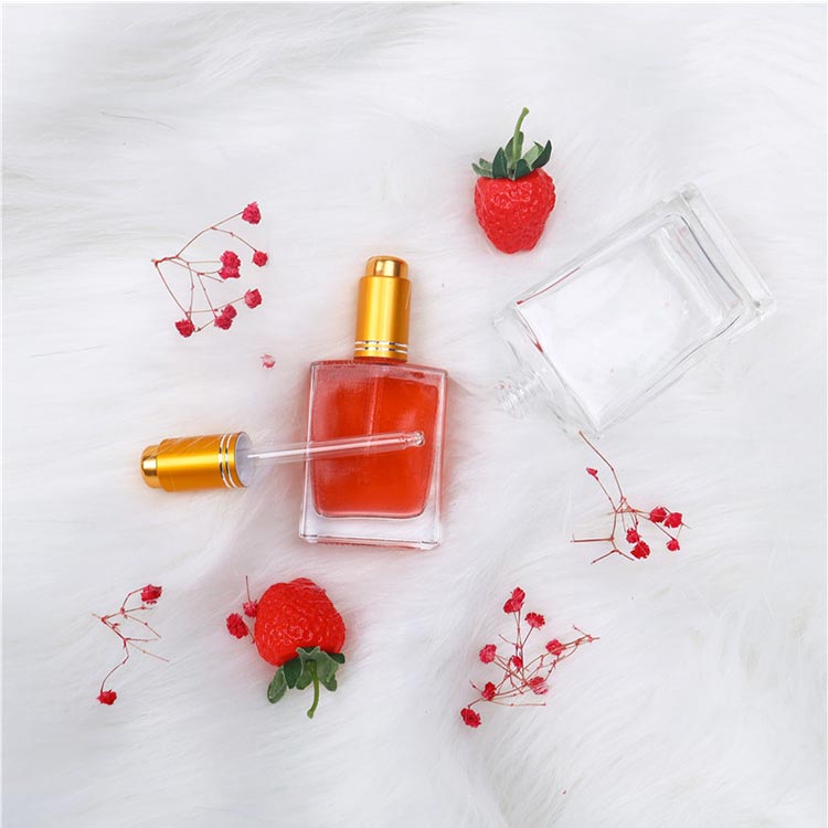 Empty clear flat square 50ml glass essential oil bottle from supplier direct