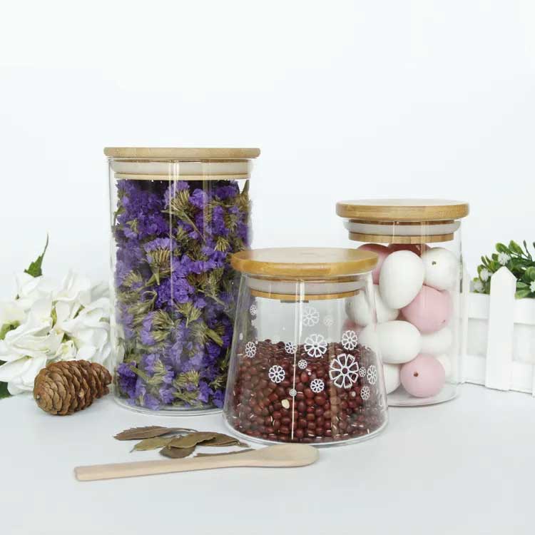 Airtight clear glass kitchen jars with bamboo lids for supplier direct