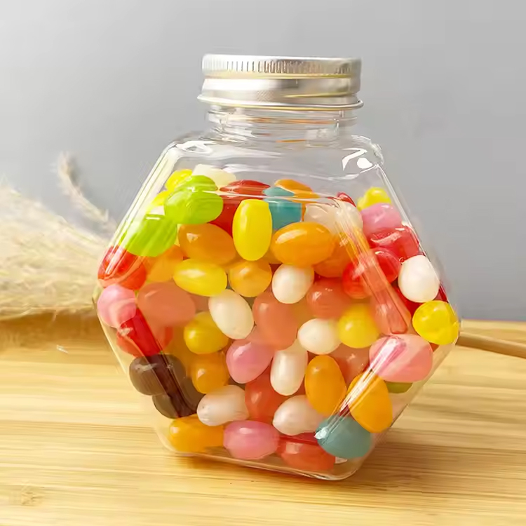 Clear hexagonal shaped plastic cookies container 16oz hexagon candy jar with gold lid for Snacks Flour Pet Treats