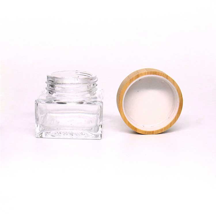 Skincare clear square 10g glass cream storage jars with wooden lids bulk