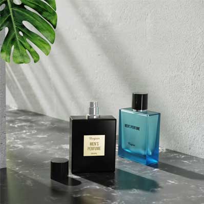 Custom luxury men's perfume bottle 50ml 100ml square matte black glass crimp perfume bottles with box