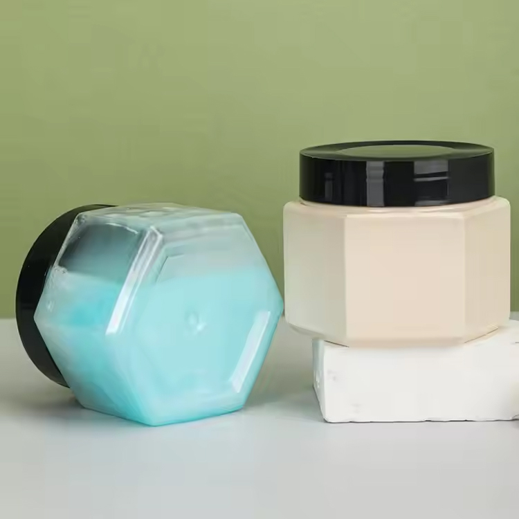 Custom colored plastic hexagon cosmetic jar leak proof clear container with black lid for cream lotion powder ointment