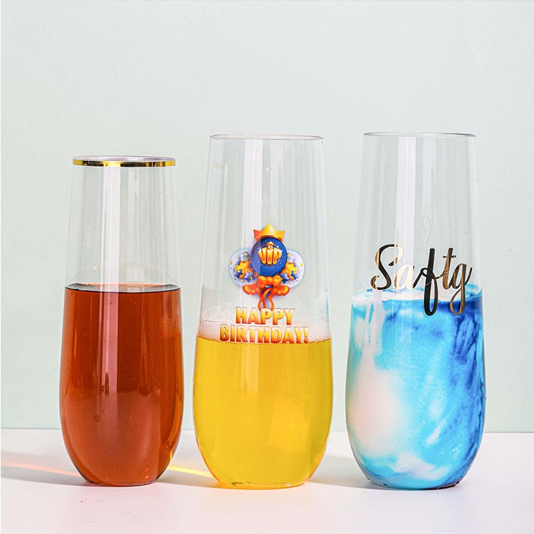 Custom disposable bpa free plastic stemless champagne flutes with golde rim