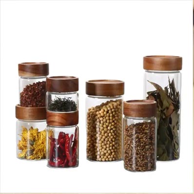 Wholesale airtight clear 350ml food storage glass jar with wooden lid for kitchen