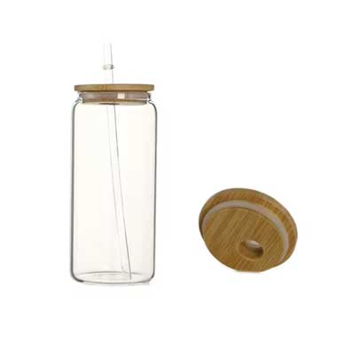 Custom clear reusable 16oz glass boba tea cups glass cans with bamboo lids and straws for juice