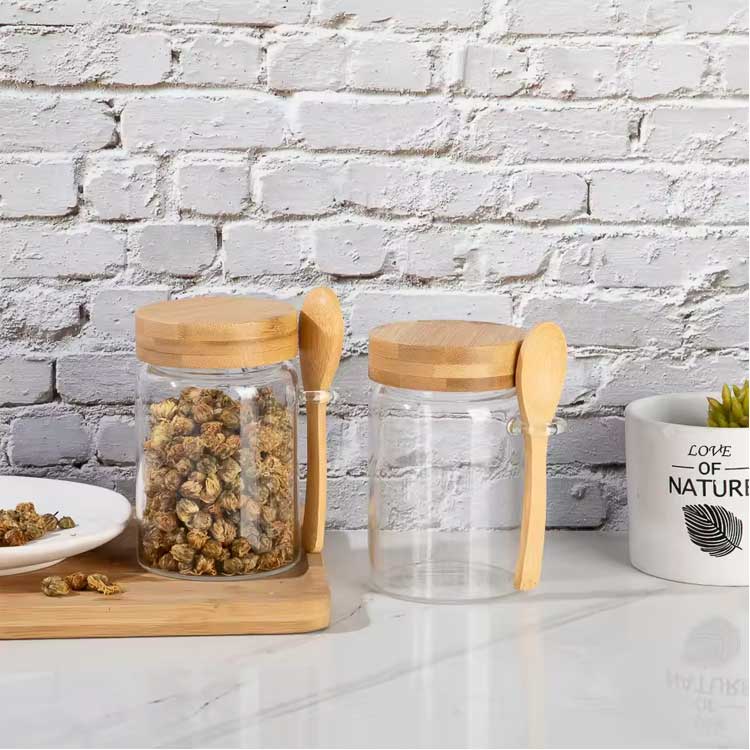 Food storage containers set with bamboo lids and scoop dry food canisters for kitchen goods cookie candy spices coffee beans flour sugar rice pasta baking