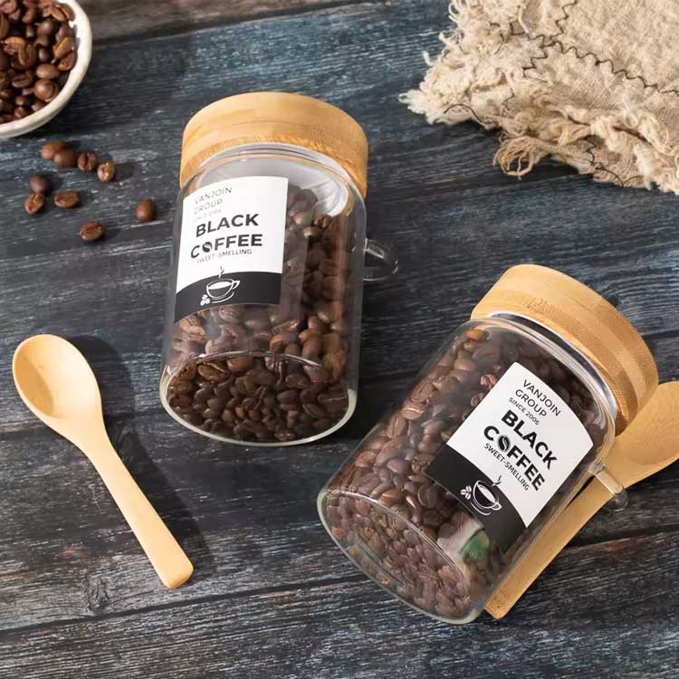 Food storage containers set with bamboo lids and scoop dry food canisters for kitchen goods cookie candy spices coffee beans flour sugar rice pasta baking