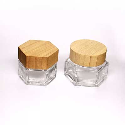 Custom shapes and size clear 30g glass eye cream jars with bamboo lids for toiletry