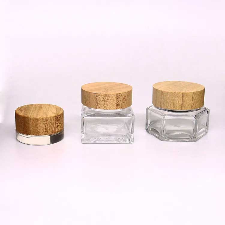 Custom shapes and size clear 30g glass eye cream jars with bamboo lids for toiletry