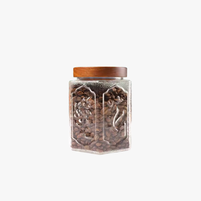 Wholesale embossed glass hexagon cookie jar 800ml food storage jar with woden lid for Honey nuts Jams Liquid Herb