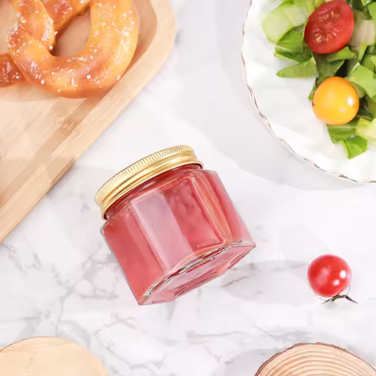 Food grade transparent hexagon jam jar hexagonal sauce honey candy jar sealed canning jar with gold lid for gift and wedding favors