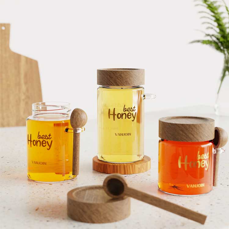 Empty 350ml 450ml 500ml cylinder honey jar small glass honey pot honey dispenser holder with wooden lid and dipper