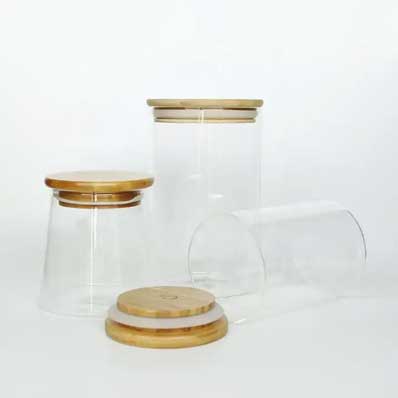 Airtight clear glass kitchen jars with bamboo lids for supplier direct