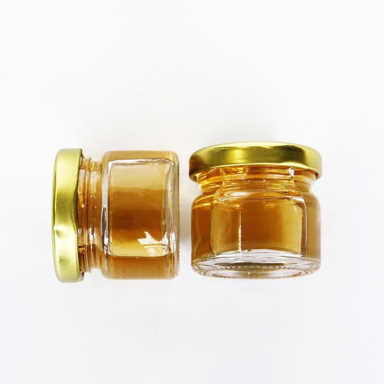 High quality clear 15ml 20ml glass mini honey jars with metal screw lids