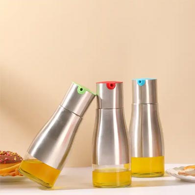 Oil and vinegar container 320ml small glass oil dispenser bottle for kitchen with metal cover