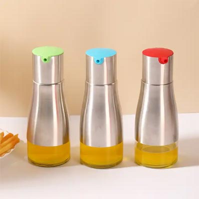 Oil and vinegar container 320ml small glass oil dispenser bottle for kitchen with metal cover