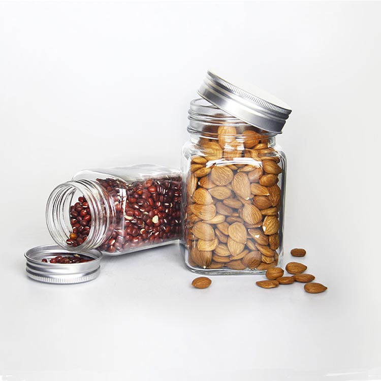 Factory price 12oz glass square storage jar with aluminum lid wholesale