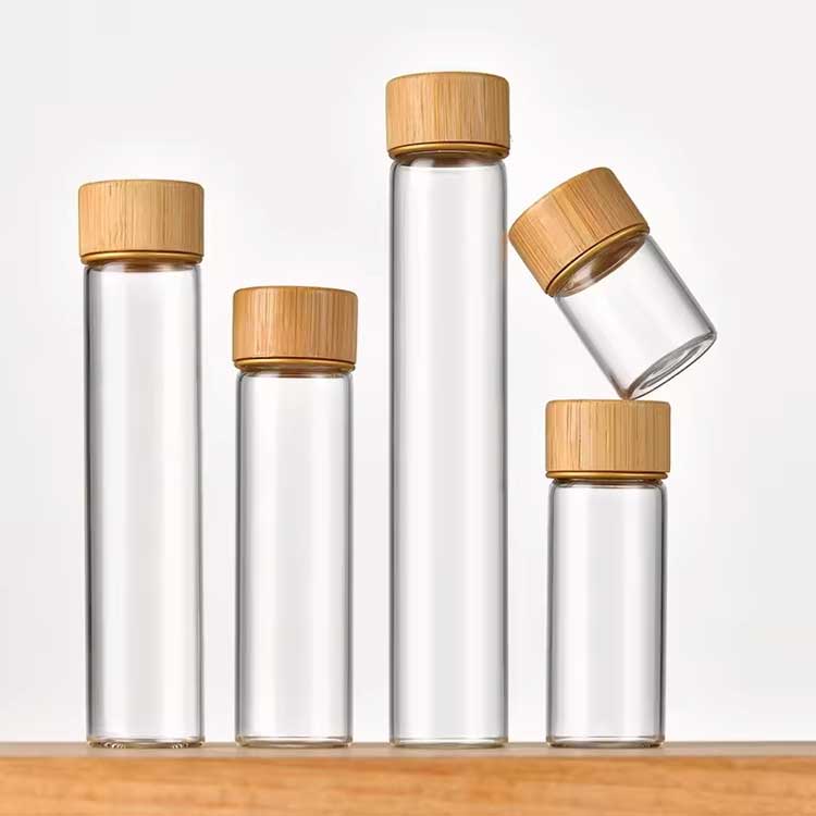 High borisilicate glass tube bottles saffron storage glass tube vials with bamboo lids for wishing and storage coffee beans