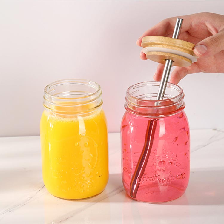 Cylinder 500ml 600ml 750ml glass tumbler bottle with bamboo lid and straw for juice/water/smoothie