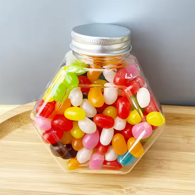 Clear hexagonal shaped plastic cookies container 16oz hexagon candy jar with gold lid for Snacks Flour Pet Treats