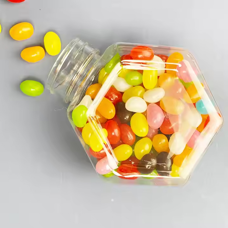 Clear hexagonal shaped plastic cookies container 16oz hexagon candy jar with gold lid for Snacks Flour Pet Treats