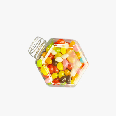 Clear hexagonal shaped plastic cookies container 16oz hexagon candy jar with gold lid for Snacks Flour Pet Treats