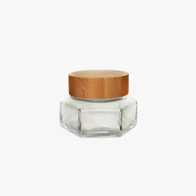 Wholesale luxury 30ml 50ml hexagon glass cream jars cosmetic packaging with bamboo covers, small makeup sample jar for Cream Lotions Lip Balm