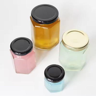 Custom logo 45ml 100ml 180ml 280ml 380ml 480ml jam sauce storage jar clear hexagon glass honey jar with lug lid and dipper