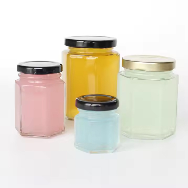 Custom logo 45ml 100ml 180ml 280ml 380ml 480ml jam sauce storage jar clear hexagon glass honey jar with lug lid and dipper