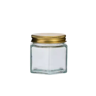 Food grade transparent hexagon jam jar hexagonal sauce honey candy jar sealed canning jar with gold lid for gift and wedding favors