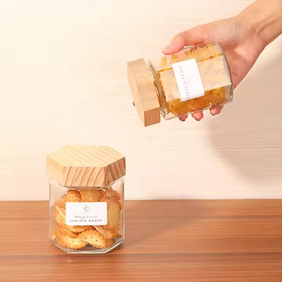 Refillable empty nuts candy snack storage container clear 280/350ml glass hexagon spice jar with wooden lid