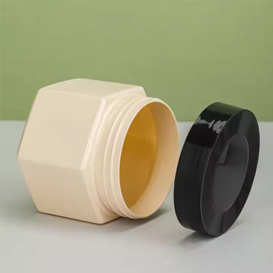 Custom colored plastic hexagon cosmetic jar leak proof clear container with black lid for cream lotion powder ointment