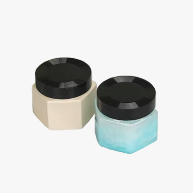 Custom colored plastic hexagon cosmetic jar leak proof clear container with black lid for cream lotion powder ointment