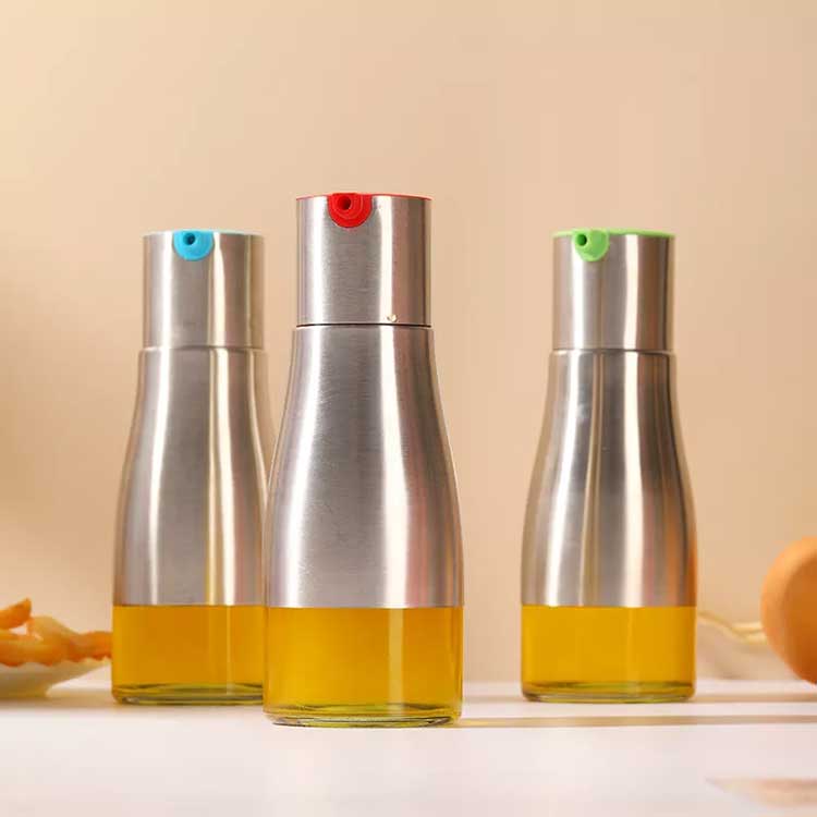 Oil and vinegar container 320ml small glass oil dispenser bottle for kitchen with metal cover