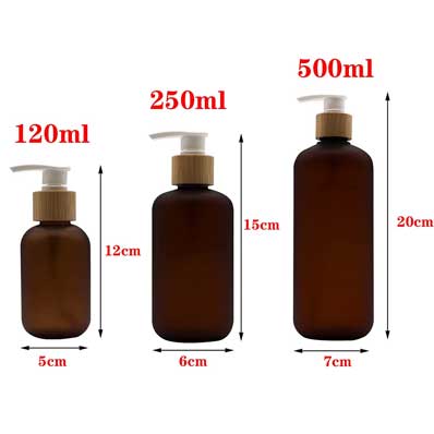 Refillable 16oz frosted brown plastic lotion bottle with bamboo pump