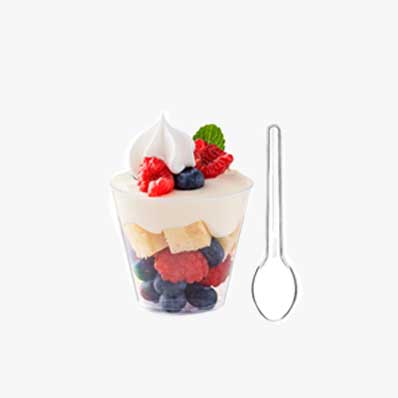 Wholesale food safe clear round 8oz plastic serving cups with lids and spoon for appetizers fruit pa
