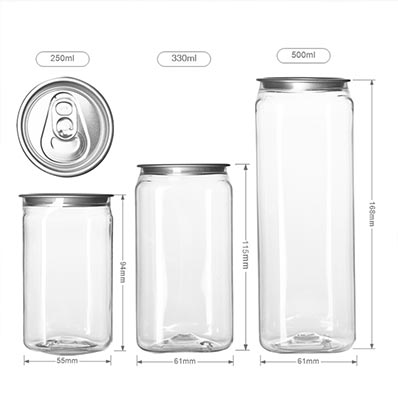 Hot sale clear square 8oz plastic soft drink cans with sealing machine