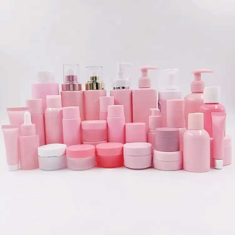 Portable empty refillable plastic pink cosmetic containers pink bottles jars tubes for cosmetic pink makeup sets for travel