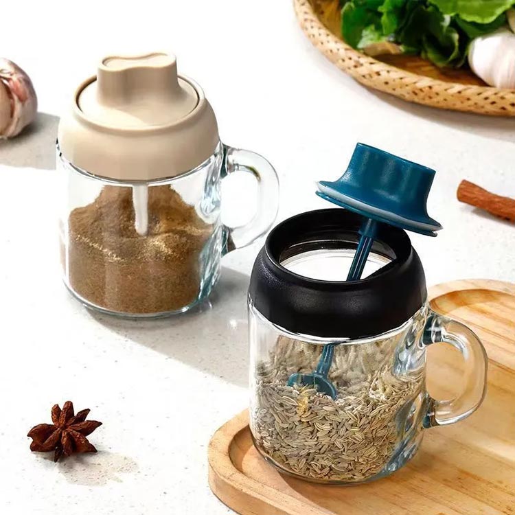 Custom label reusable 400ml glass spice jar with spoon and handle