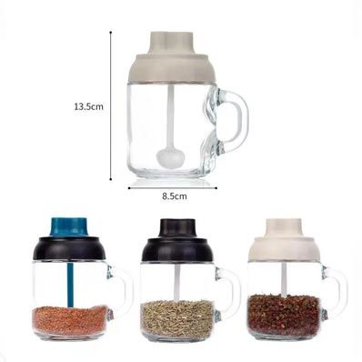 Custom label reusable 400ml glass spice jar with spoon and handle