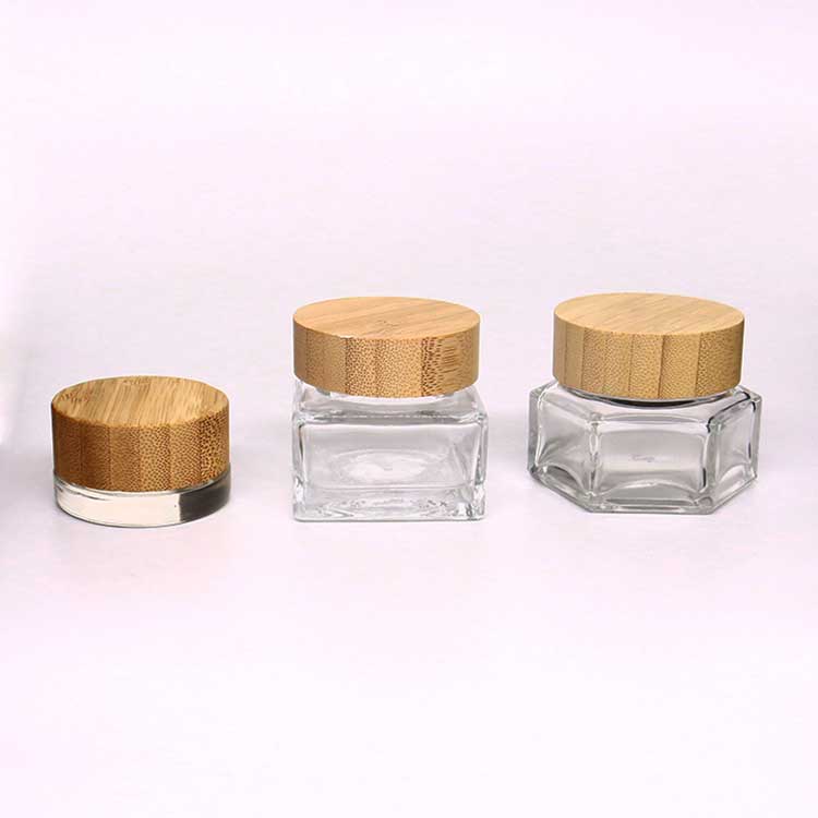 Skincare clear square 10g glass cream storage jars with wooden lids bulk