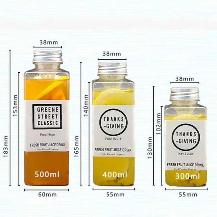 Fancy cold pressed 300ml 400ml 500ml square plastic juice bottle with cap